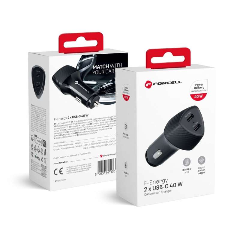 SPOTT-GR Forcell Carbon CC50-2C - Φορτιστής Αυτοκινήτου με Υποδοχή Type-C 3.0 PD20W και Type-C 3.0 PD20W (40W) σε Μαύρο Χρώμα 