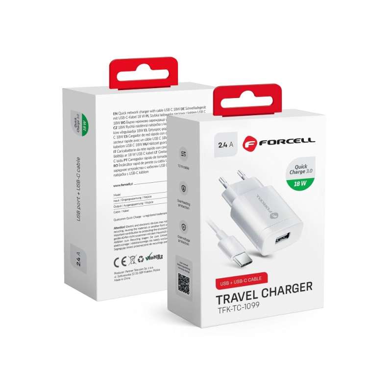 SPOTT-GR Forcell F-Energy TFK-TC-1099 - Φορτιστής USB-A με Καλώδιο USB-A σε Type-C Quick Charge 3.0 2.4A 18W σε Άσπρο Xρώμα