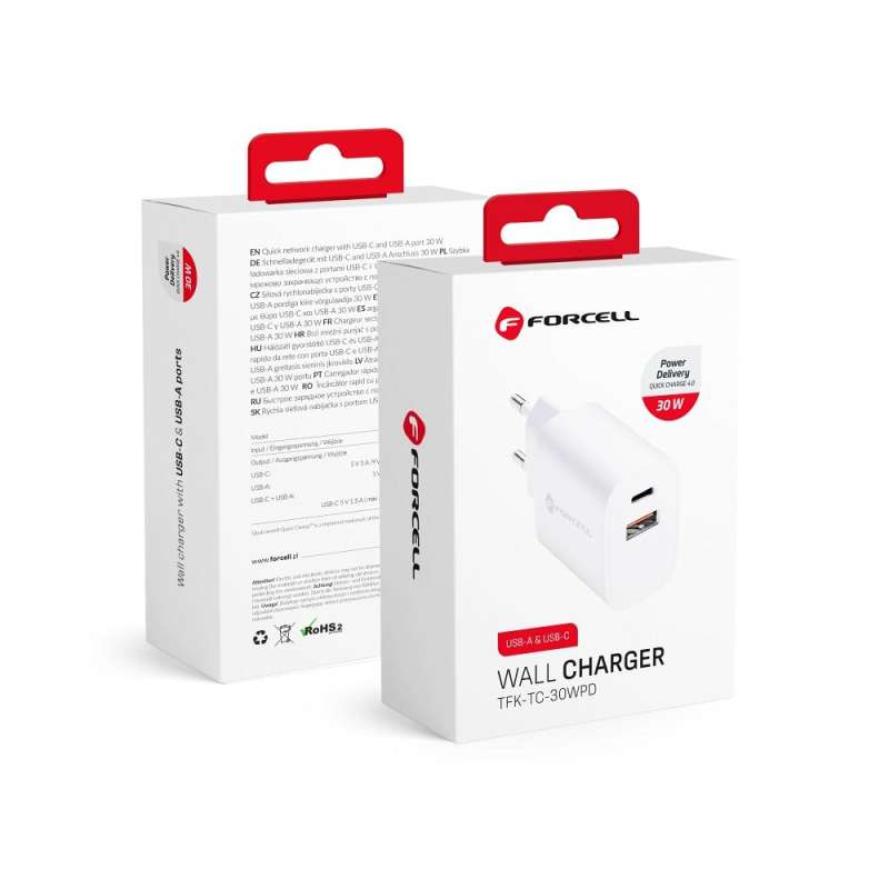 SPOTT-GR Forcell F-Energy TFK-TC-30WPD - Φορτιστής με Υποδοχές Type-C και USB-A QC 4.0 3A 30W σε Άσπρο Xρώμα