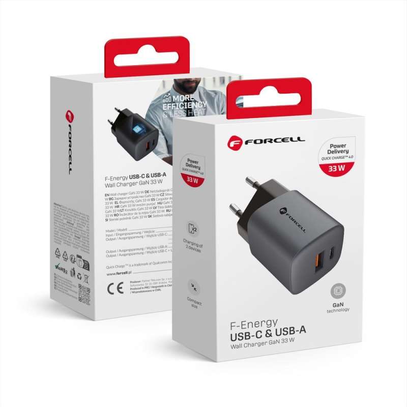 SPOTT-GR Forcell F-Energy GaN VT-31 - Φορτιστής με Υποδοχές Type-C και USB-A QC 4.0 3A 33W σε Γκρι Xρώμα