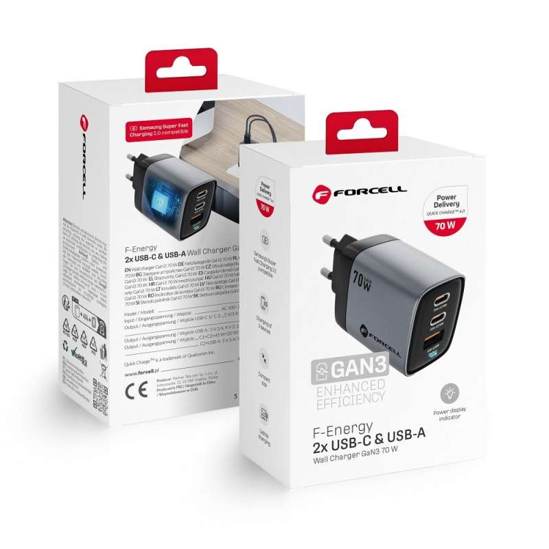 SPOTT-GR Forcell F-Energy VT-37 - Φορτιστής με Οθόνη LCD και Υποδοχές 2 x Type-C και 1 x USB-A QC 4.0 / SFC 2.0 3.45A 70W σε Γκρι Xρώμα