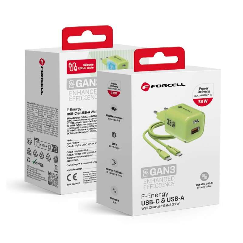 SPOTT-GR Forcell F-Energy Crystal Color VT-41 - Φορτιστής με Υποδοχές 1 x Type-C και 1x USB-A και Καλώδιο Type-C QC 4.0 33W σε Πράσινο Xρώμα
