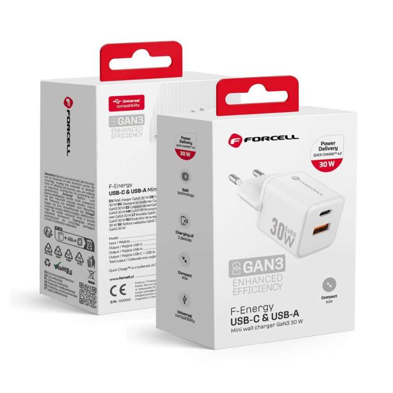 SPOTT-GR Forcell F-Energy Mini VT-35 - Φορτιστής με Υποδοχές 1 x Type-C και 1 x USB-A QC 4.0 30W σε Άσπρο Xρώμα