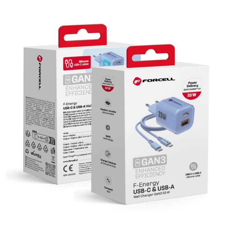 SPOTT-GR Forcell F-Energy Crystal Color VT-41 - Φορτιστής με Υποδοχές 1 x Type-C και 1x USB-A και Καλώδιο Type-C QC 4.0 33W σε Μπλε Xρώμα