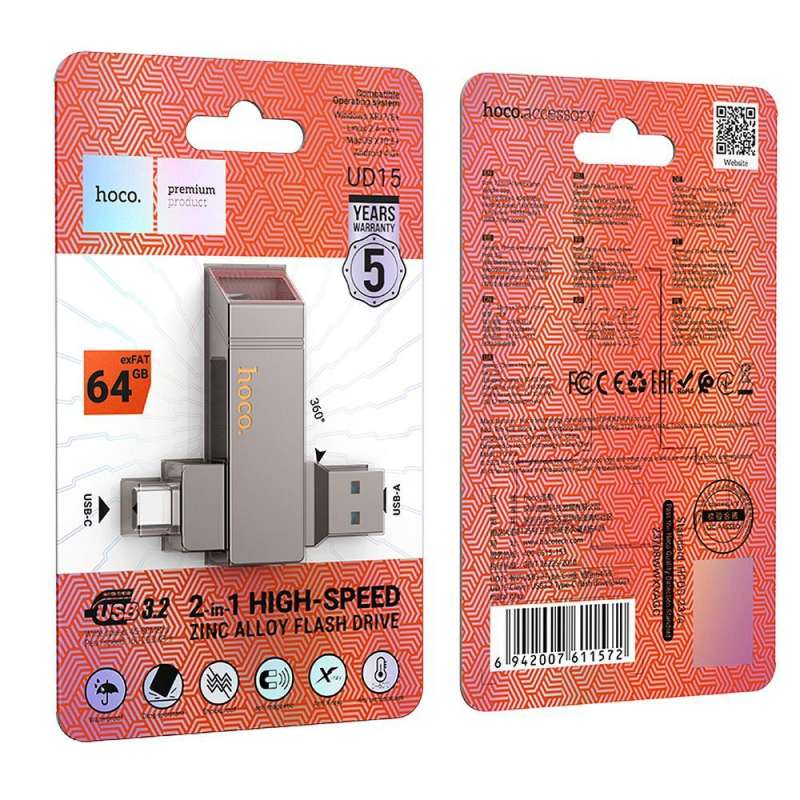 SPOTT-GR Hoco UD15 - USB Stick με Διπλή Υποδοχή USB-A και Type-C 64GB USB3.2 σε Γκρι Χρώμα