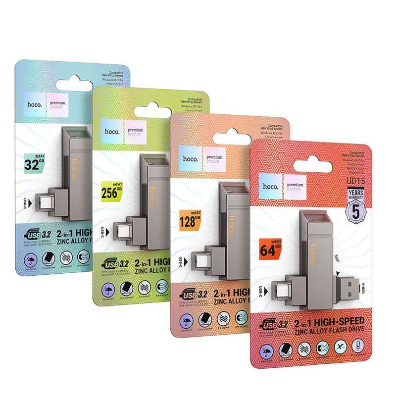 SPOTT-GR Hoco UD15 - USB Stick με Διπλή Υποδοχή USB-A και Type-C 64GB USB3.2 σε Γκρι Χρώμα