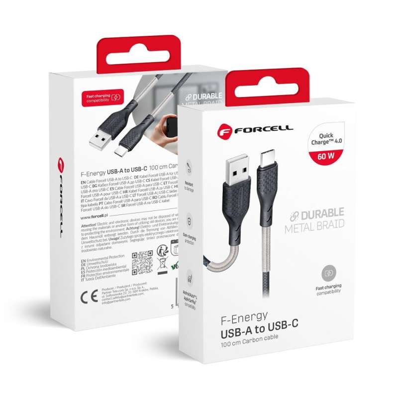 SPOTT-GR Forcell F-Energy Carbon CB-02A - Καλώδιο USB-A σε Type-C QC 4.0 5A 60W 1m - Μαύρο