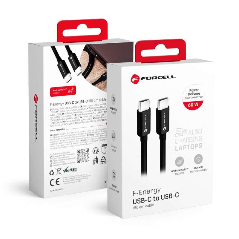 SPOTT-GR Forcell F-Energy C338 - Καλώδιο Type-C σε Type-C QC 4.0 3A 60W 1.5m - Μαύρο