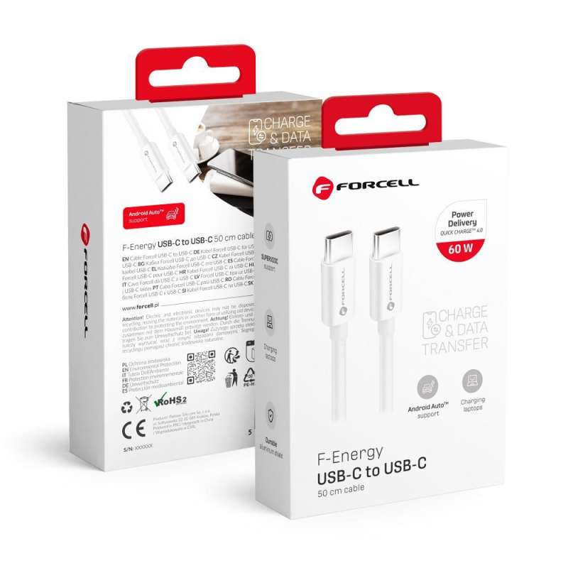 SPOTT-GR Forcell F-Energy C338 - Καλώδιο Type-C σε Type-C QC 4.0 3A 60W 0.5m - Άσπρο