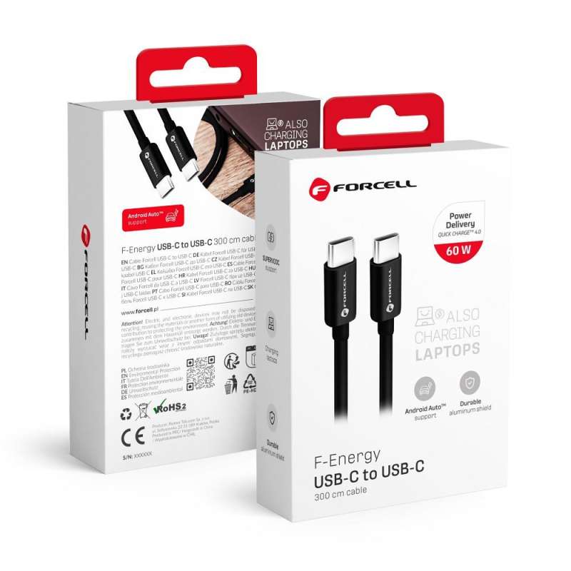 SPOTT-GR Forcell F-Energy C338 - Καλώδιο Type-C σε Type-C QC 4.0 3A 60W 3m - Μαύρο