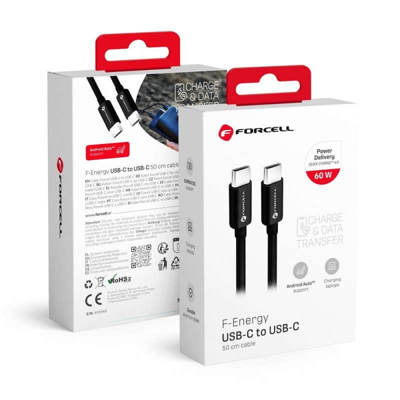 SPOTT-GR Forcell F-Energy C338 - Καλώδιο Type-C σε Type-C QC 4.0 3A 60W 0.5m - Μαύρο