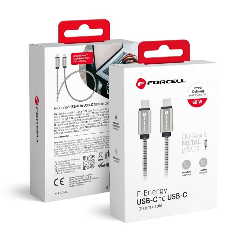 SPOTT-GR Forcell F-Energy Metal C237 - Καλώδιο Type-C σε Type-C QC 4.0 3A 60W 1m - Ασημί