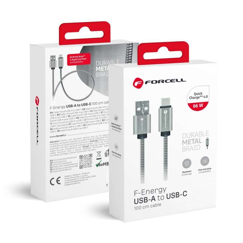 SPOTT-GR Forcell F-Energy Metal C234 - Καλώδιο USB-A σε Type-C Quick Charge 3.0 2.4A 12W 1m - Ασημί