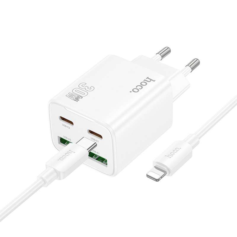 SPOTT-GR Hoco N56 - Φορτιστής με Υποδοχές 2 x Type-C και 2 x USB-A και Καλώδιο Type-C σε Lightning PD Quick Charge 3.0 3A 30W - Άσπρος