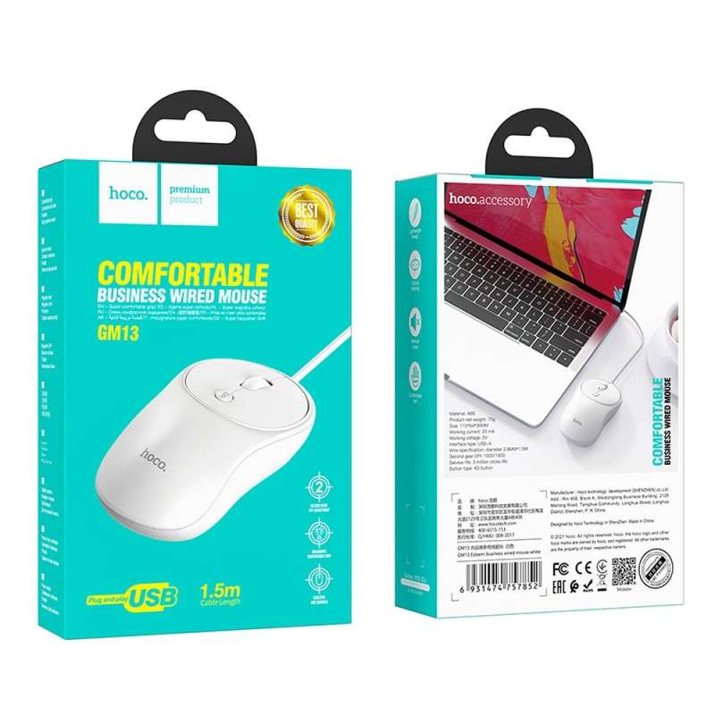 SPOTT-GR Hoco GM13 - Ενσύρματο Ποντίκι USB-A 1.5m 1600 dpi - Άσπρo