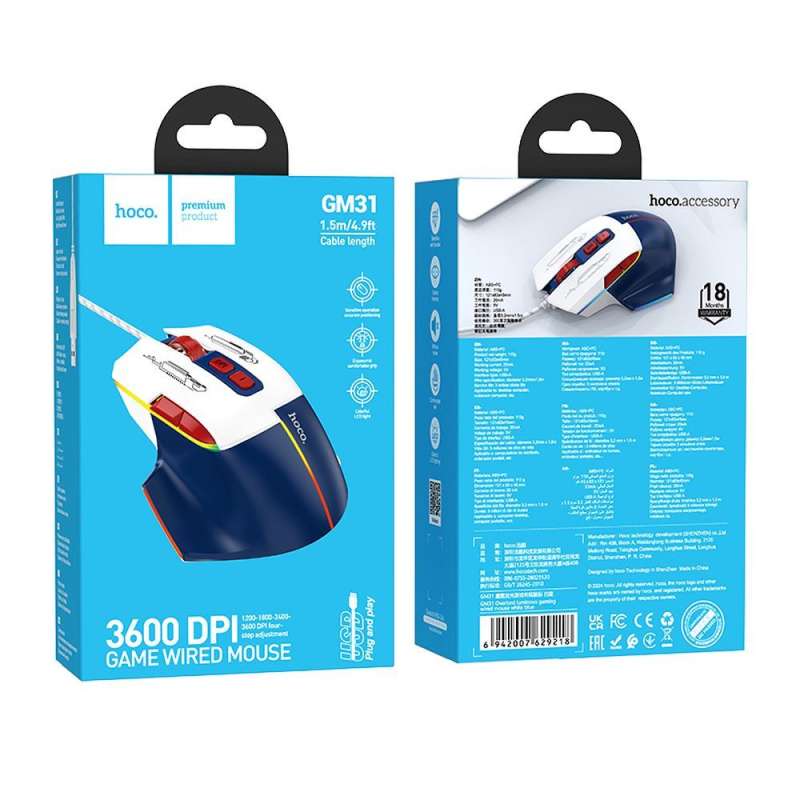 SPOTT-GR Hoco GM31 - Ενσύρματο Gaming Ποντίκι USB-A 3600 dpi - Μπλε