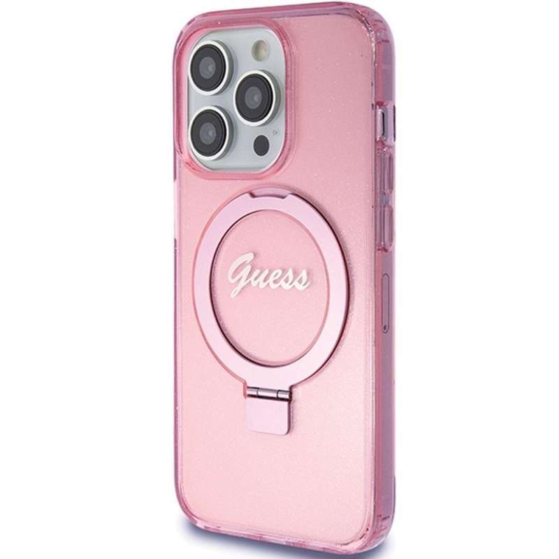 SPOTT-GR GUESS - Θήκη για Apple iPhone 15 Pro με Υποστήριξη MagSafe (Glitter Script Logo Ring Stand) - Ροζ