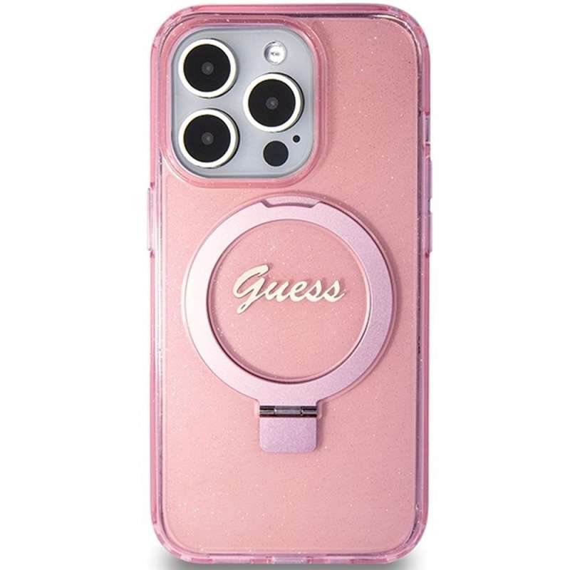 SPOTT-GR GUESS - Θήκη για Apple iPhone 15 Pro με Υποστήριξη MagSafe (Glitter Script Logo Ring Stand) - Ροζ
