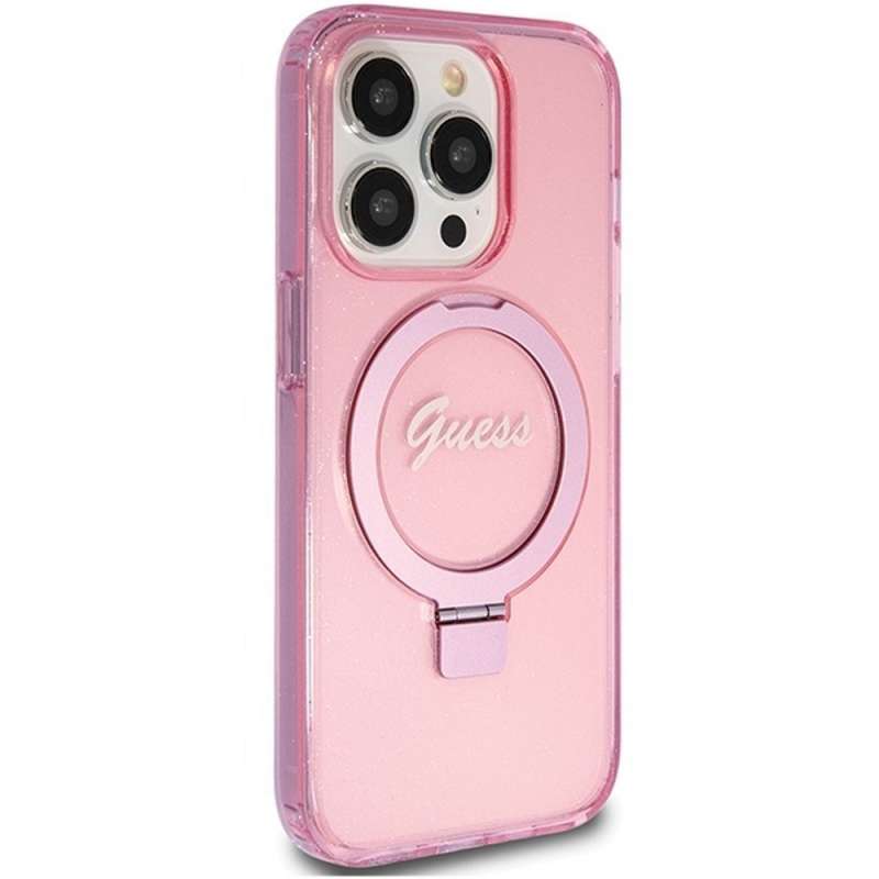 SPOTT-GR GUESS - Θήκη για Apple iPhone 15 Pro με Υποστήριξη MagSafe (Glitter Script Logo Ring Stand) - Ροζ