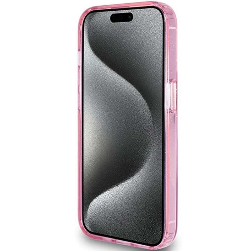 SPOTT-GR GUESS - Θήκη για Apple iPhone 15 Pro με Υποστήριξη MagSafe (Glitter Script Logo Ring Stand) - Ροζ