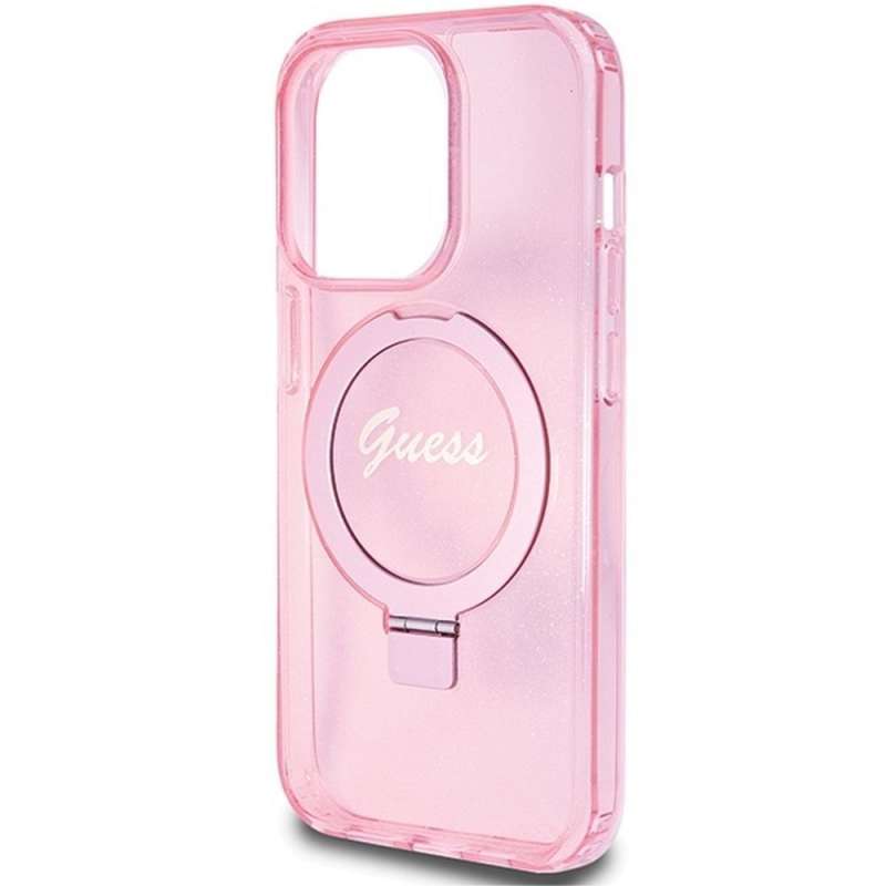 SPOTT-GR GUESS - Θήκη για Apple iPhone 15 Pro με Υποστήριξη MagSafe (Glitter Script Logo Ring Stand) - Ροζ