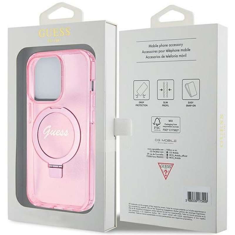 SPOTT-GR GUESS - Θήκη για Apple iPhone 15 Pro με Υποστήριξη MagSafe (Glitter Script Logo Ring Stand) - Ροζ