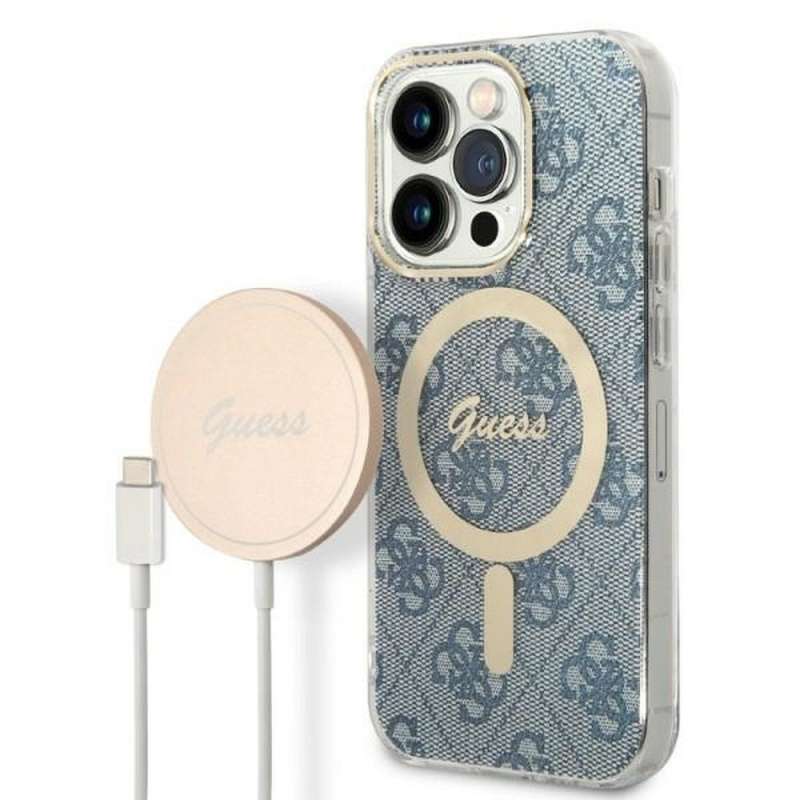 SPOTT-GR GUESS - Θήκη για Apple iPhone 14 Pro με Υποστήριξη MagSafe Σετ με Ασύρματο Φορτιστή (Bundle Pack / Case + Charger / 4G) - Μπλε