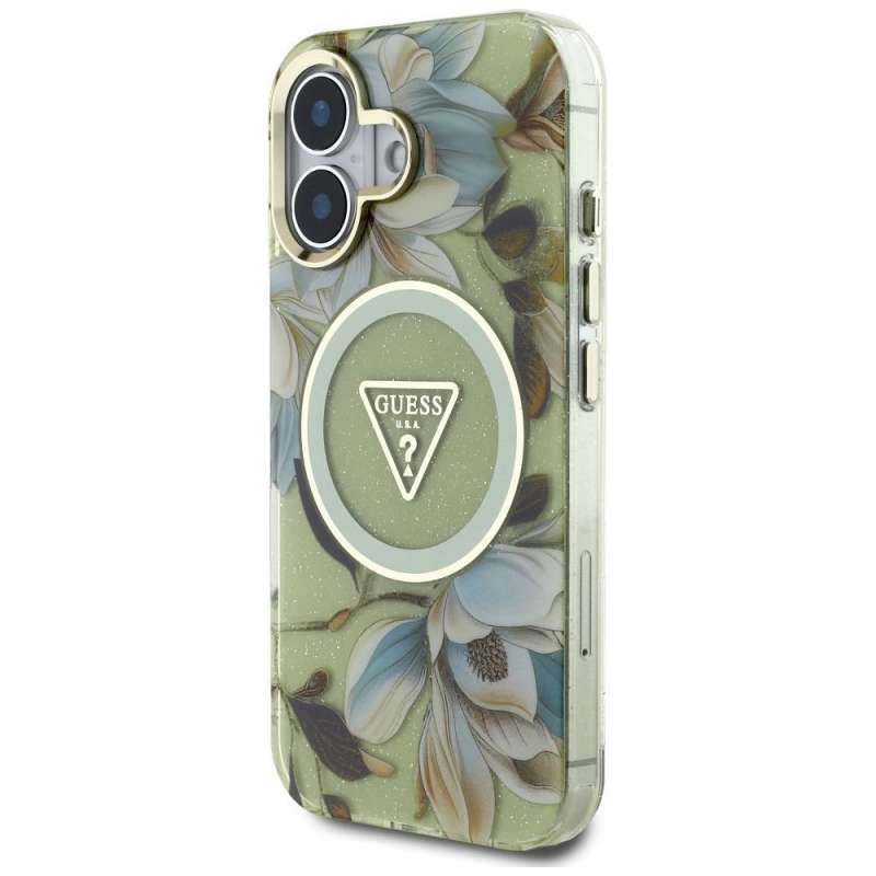 SPOTT-GR GUESS - Θήκη για Apple iPhone 16 με Υποστήριξη MagSafe (IML Metal Glitter Flowers Triangle) - Πράσινο