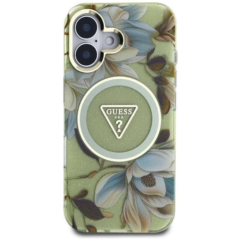 SPOTT-GR GUESS - Θήκη για Apple iPhone 16 με Υποστήριξη MagSafe (IML Metal Glitter Flowers Triangle) - Πράσινο