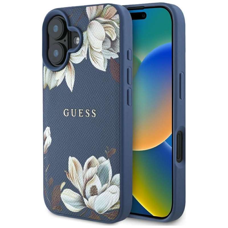 SPOTT-GR GUESS - Θήκη για Apple iPhone 16 με Υποστήριξη MagSafe (PU Grained Flowers Classic Logo) - Μπλε