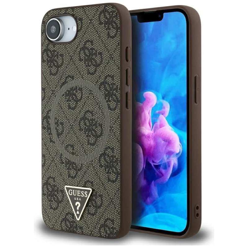 SPOTT-GR GUESS - Δερμάτινη Θήκη για Apple iPhone 16e με Υποστήριξη MagSafe (PU 4G Ring Triangle Logo) - Καφέ