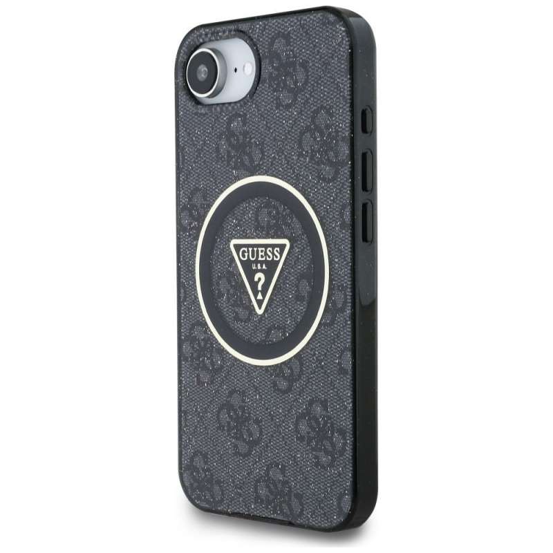 SPOTT-GR GUESS - Δερμάτινη Θήκη για Apple iPhone 16e με Υποστήριξη MagSafe (IML Metal Glitter 4G Circle Triangle) - Μαύρη