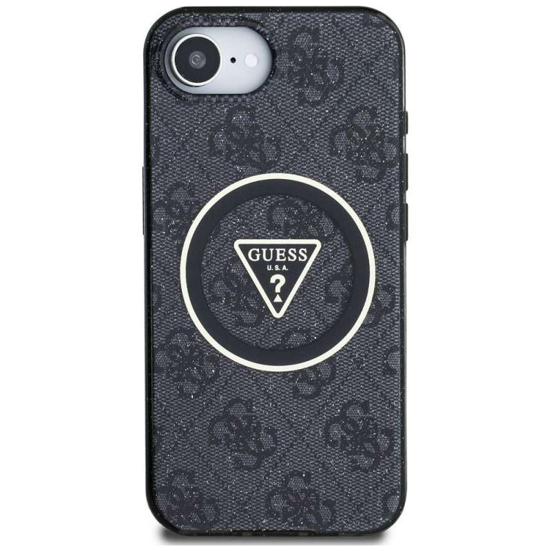SPOTT-GR GUESS - Δερμάτινη Θήκη για Apple iPhone 16e με Υποστήριξη MagSafe (IML Metal Glitter 4G Circle Triangle) - Μαύρη
