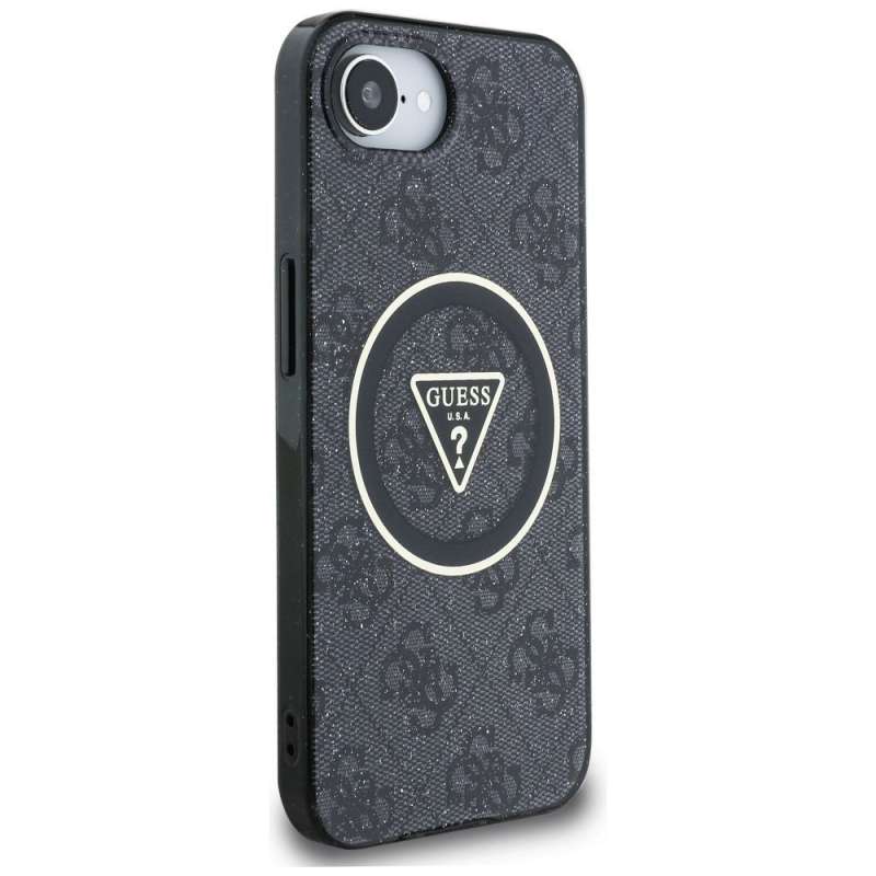 SPOTT-GR GUESS - Δερμάτινη Θήκη για Apple iPhone 16e με Υποστήριξη MagSafe (IML Metal Glitter 4G Circle Triangle) - Μαύρη