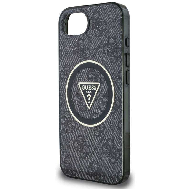 SPOTT-GR GUESS - Δερμάτινη Θήκη για Apple iPhone 16e με Υποστήριξη MagSafe (IML Metal Glitter 4G Circle Triangle) - Μαύρη