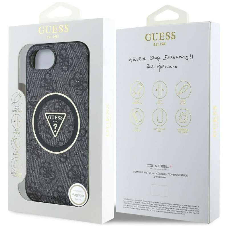 SPOTT-GR GUESS - Δερμάτινη Θήκη για Apple iPhone 16e με Υποστήριξη MagSafe (IML Metal Glitter 4G Circle Triangle) - Μαύρη