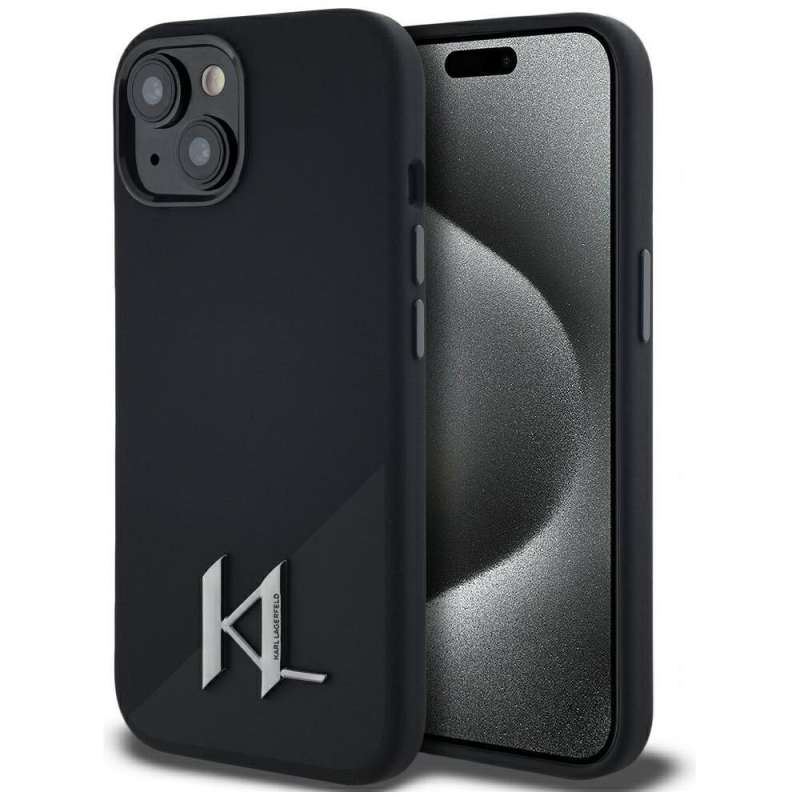 SPOTT-GR Karl Lagerfeld - Θήκη για Apple iPhone 15 με Υποστήριξη MagSafe (Silicone Initial Metal Logo) - Μαύρη