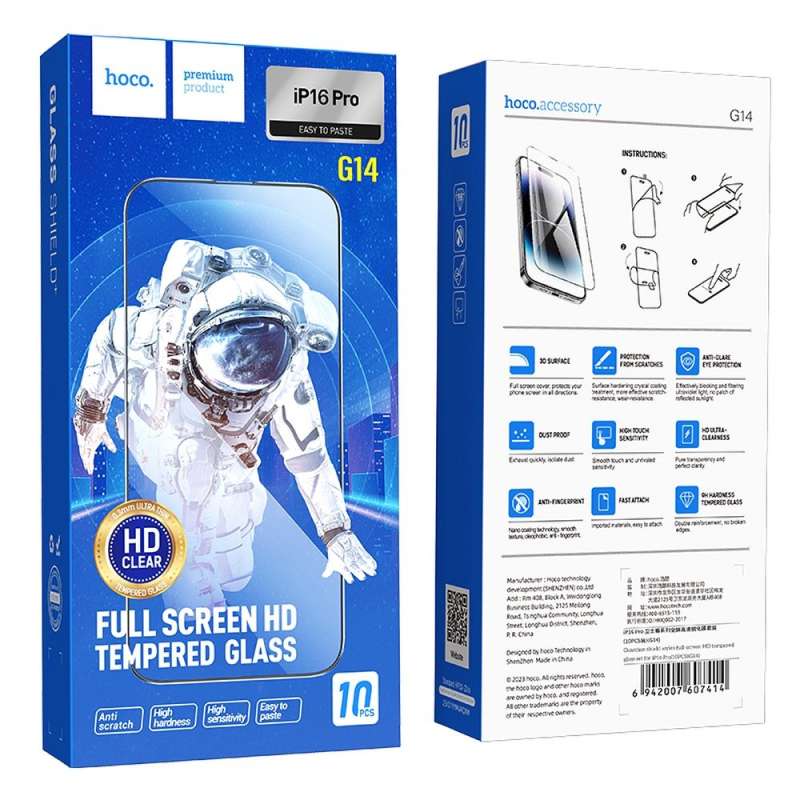 SPOTT-GR Hoco Tempered Glass 5D Guardian Shield - Τζαμάκια Οθόνης (Σετ 10 σε 1) για Apple iPhone 16 Pro με Μαύρο Περίγραμμα