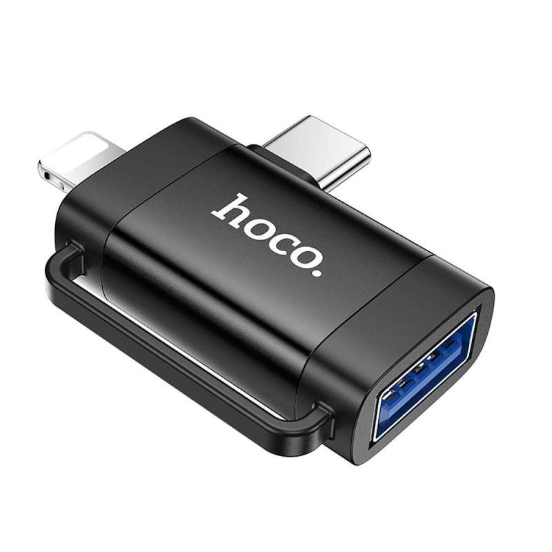 SPOTT-GR Hoco UA31F - Μετατροπέας OTG 2 σε 1 Type-C (Αρσενικό) / Lightning (Αρσενικό) σε USB-A (Θηλυκό) σε Μαύρο Χρώμα