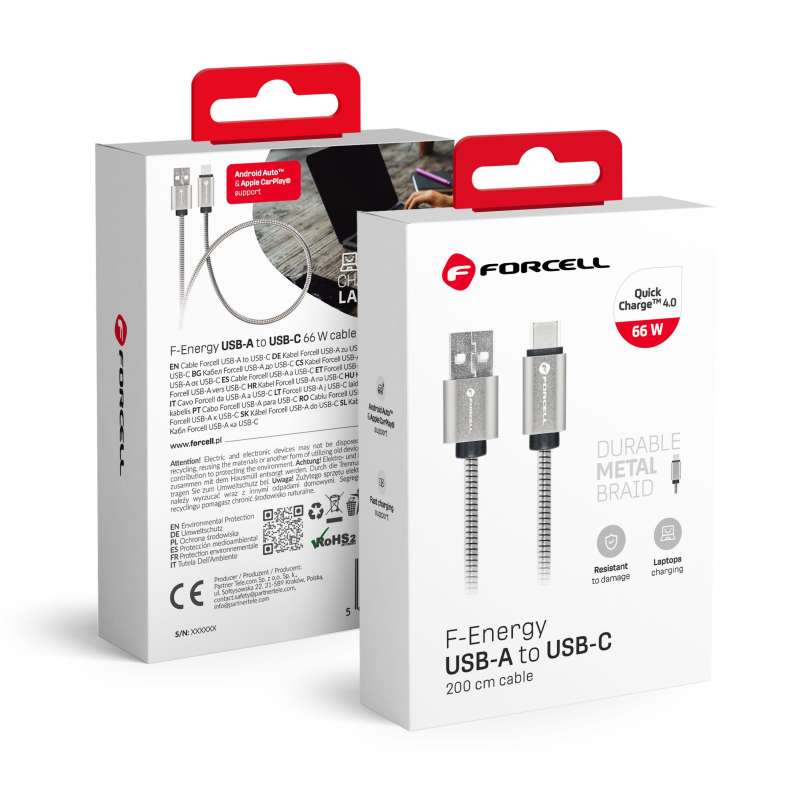 SPOTT-GR Forcell F-Energy Metal C234 - Καλώδιο USB-A σε Type-C QC 4.0A 3A 66W 2m - Ασημί