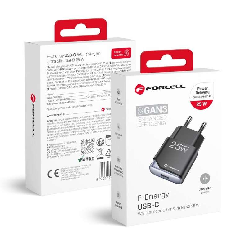 SPOTT-GR Forcell F-Energy GaN III B125101-E - Φορτιστής με Υποδοχές 1 x Type-C και 1 x USB-A PD QC4.0 3A 25W - Μαύρος