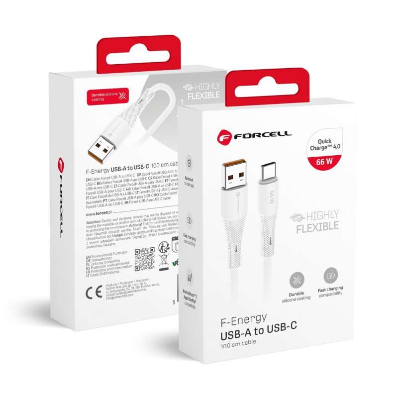 SPOTT-GR Forcell F-Energy C342 Silicone - Καλώδιο USB-A σε Type-C QC4.0 3A 66W 1m - Άσπρο