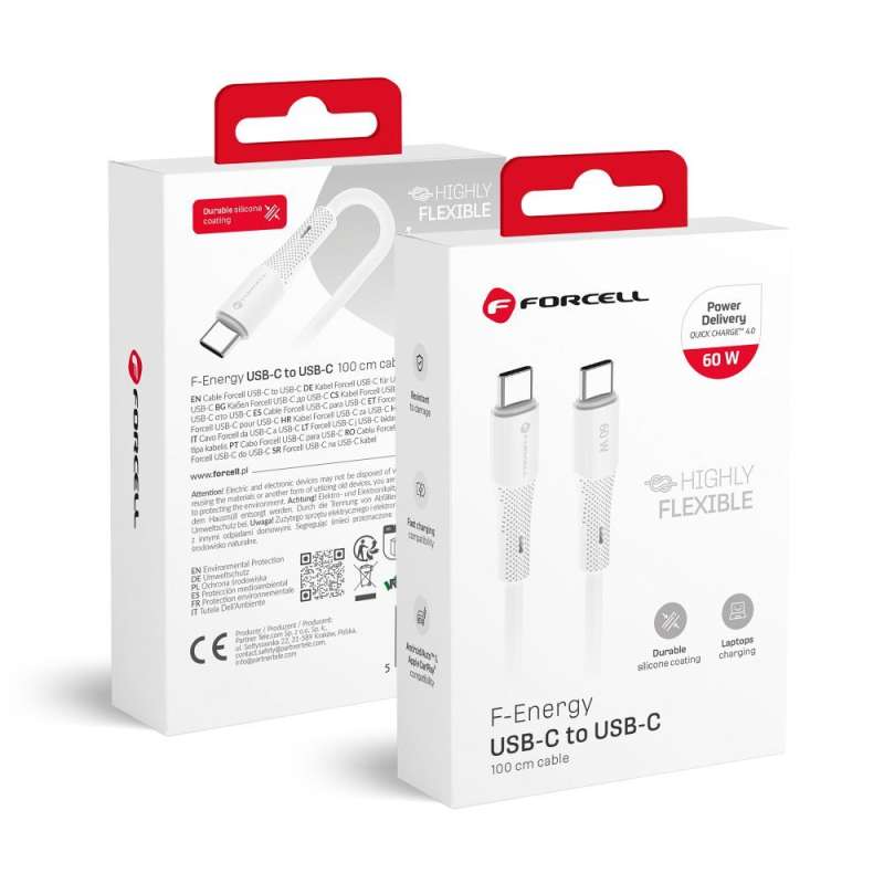 SPOTT-GR Forcell F-Energy C344 Silicone - Καλώδιο Type-C σε Type-C QC4.0 PD 3A 60W 1m - Άσπρο