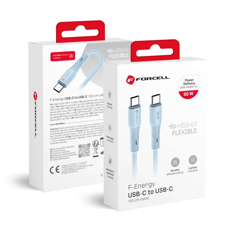 SPOTT-GR Forcell F-Energy C344 Silicone - Καλώδιο Type-C σε Type-C QC4.0 PD 3A 60W 1m - Μπλε