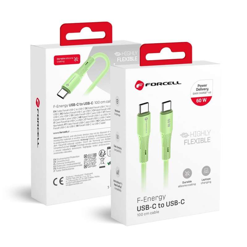 SPOTT-GR Forcell F-Energy C344 Silicone - Καλώδιο Type-C σε Type-C QC4.0 PD 3A 60W 1m - Πράσινο