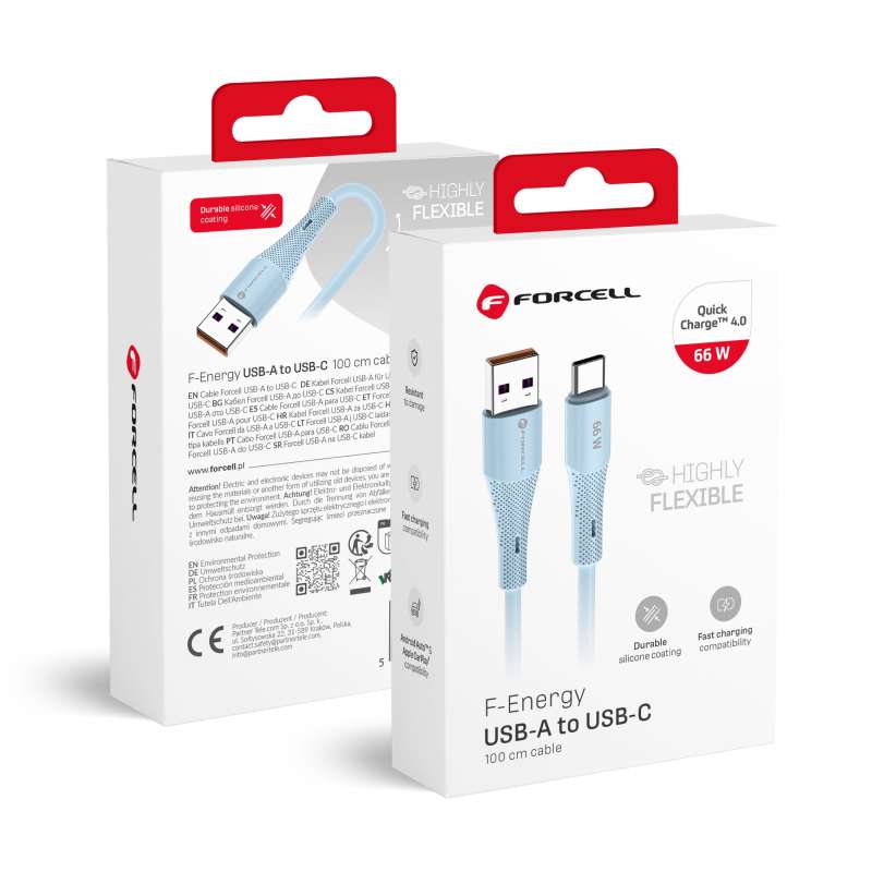 SPOTT-GR Forcell F-Energy C342 Silicone - Καλώδιο USB-A σε Type-C QC4.0 3A 66W 1m - Μπλε