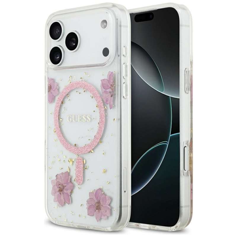 SPOTT-GR GUESS - Θήκη για Apple iPhone 17 Pro Max με Υποστήριξη MagSafe (Resin Flowers and Glitter) - Ροζ