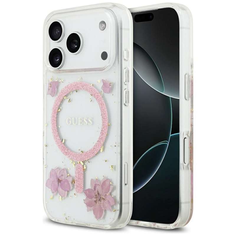 SPOTT-GR GUESS - Θήκη για Apple iPhone 17 Pro με Υποστήριξη MagSafe (Resin Flowers and Glitter) - Ροζ
