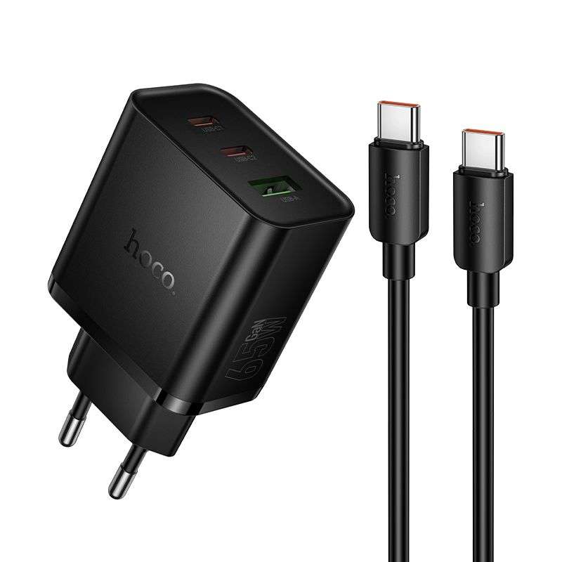 SPOTT-GR Hoco N75 - Φορτιστής με Υποδοχές 2x Type-C και USB-A (QC 3.0 PD 3A 65W) και Καλώδιο Φόρτισης Type-C σε Type-C σε Μαύρο Χρώμα