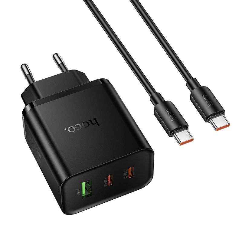 SPOTT-GR Hoco N75 - Φορτιστής με Υποδοχές 2x Type-C και USB-A (QC 3.0 PD 3A 65W) και Καλώδιο Φόρτισης Type-C σε Type-C σε Μαύρο Χρώμα